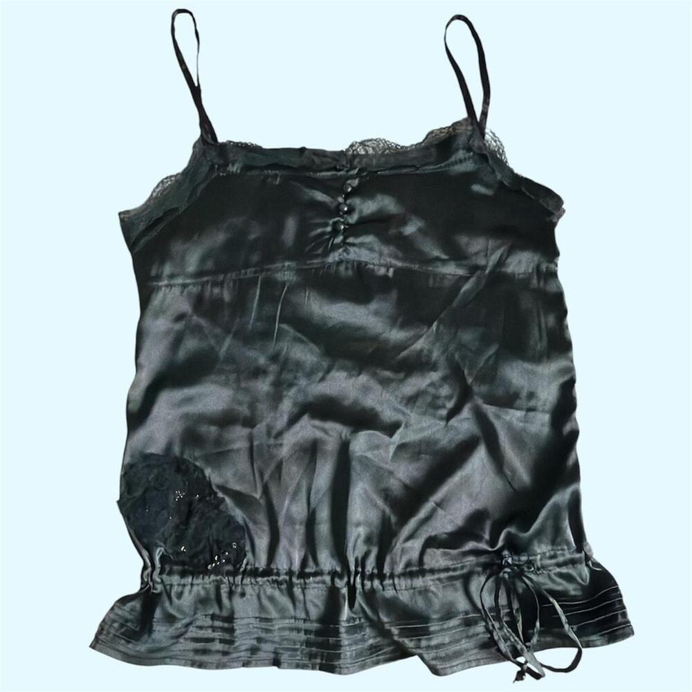 Black satin lace trim drop waist cami top with waist tie